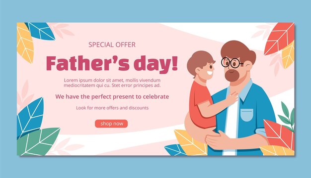 Modello di banner di vendita orizzontale piatto per la celebrazione della festa del papà