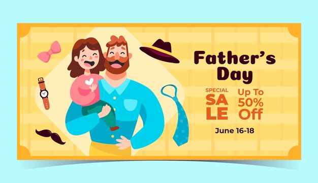 Modello di banner di vendita orizzontale piatto per la celebrazione della festa del papà