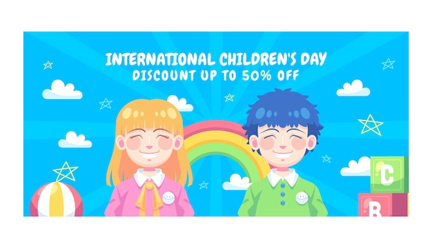 Modello di banner di vendita orizzontale piatto per la celebrazione della giornata internazionale dei bambini