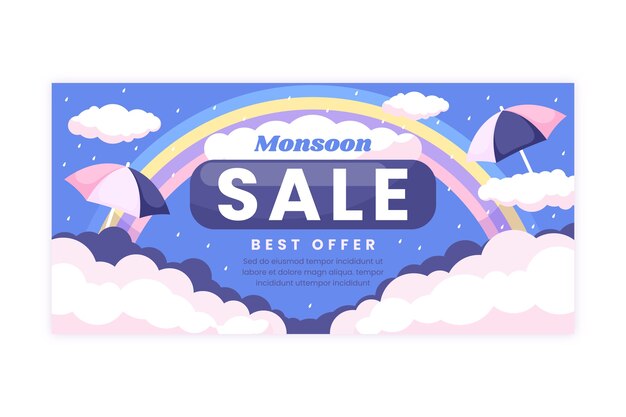 Modello di banner orizzontale di vendita piatta stagione dei monsoni con arcobaleno e ombrelli