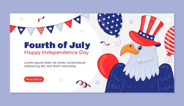 Modello di banner orizzontale disegnato a mano per la celebrazione del 4 luglio americano