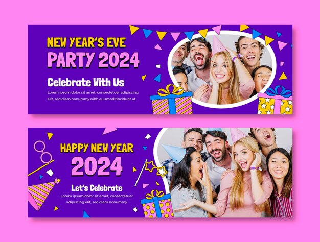 Modello di banner orizzontale disegnato a mano per la celebrazione del nuovo anno 2024