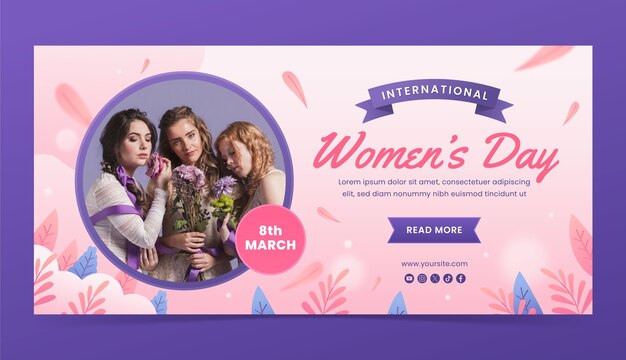 Modello di banner orizzontale gradiente per la celebrazione della Giornata internazionale della donna