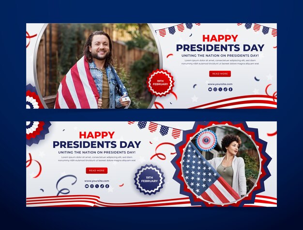Modello di banner orizzontale gradiente per la festa del giorno dei presidenti degli Stati Uniti