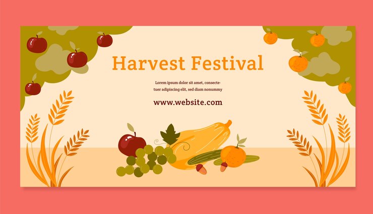 Vettore gratuito modello di banner orizzontale per la celebrazione del festival del raccolto piatto