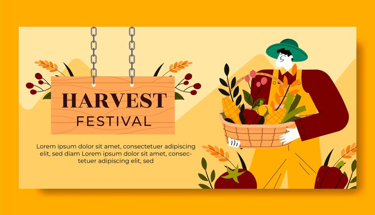 Vettore gratuito modello di banner orizzontale per la celebrazione del festival del raccolto piatto