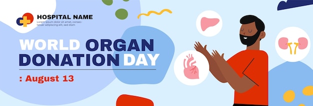 Modello di banner orizzontale per la giornata mondiale della donazione di organi piatto con l'uomo che raggiunge gli organi