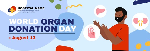 Modello di banner orizzontale per la giornata mondiale della donazione di organi piatto con l'uomo che raggiunge gli organi