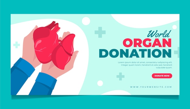 Modello di banner orizzontale per la giornata mondiale della donazione di organi piatto con le mani che tengono cuore e fegato