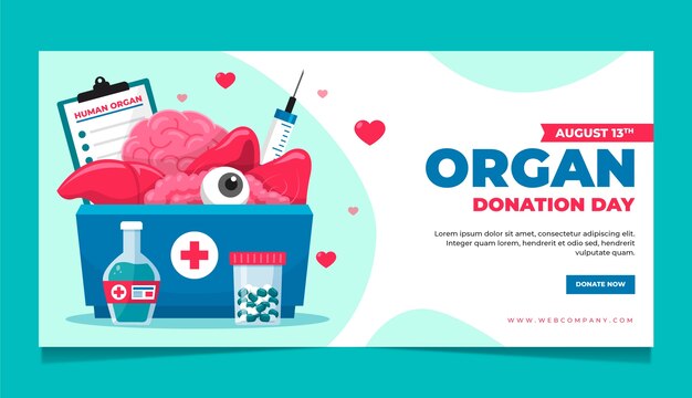 Modello di banner orizzontale per la giornata mondiale della donazione di organi piatto con organi in scatola