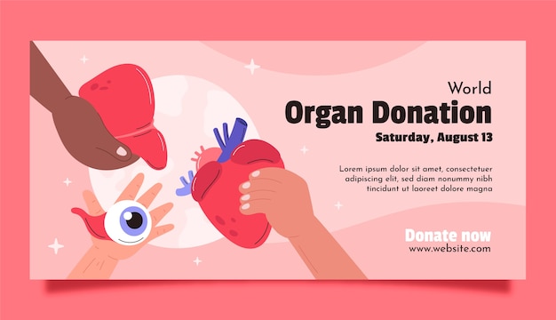 Modello di banner orizzontale per la giornata mondiale della donazione di organi piatto con organi umani