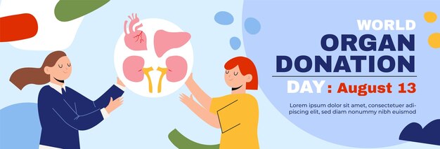 Modello di banner orizzontale per la giornata mondiale della donazione di organi piatto con persone che raggiungono gli organi