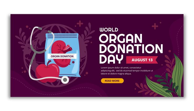 Modello di banner orizzontale per la giornata mondiale della donazione di organi piatto