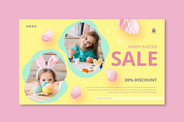 Modello di banner orizzontale per vendita di Pasqua con bambina e uova