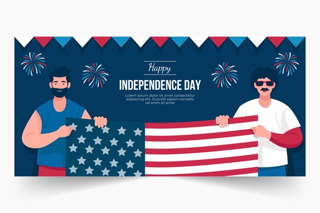Modello di banner orizzontale piatto 4 luglio con persone che tengono bandiera