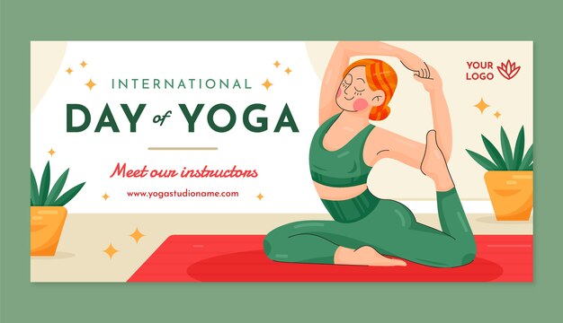 Modello di banner orizzontale piatto giornata internazionale dello yoga