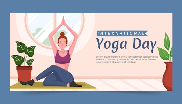 Modello di banner orizzontale piatto giornata internazionale dello yoga