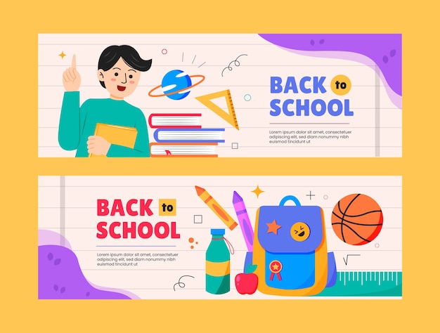 Modello di banner orizzontale piatto per il ritorno a scuola