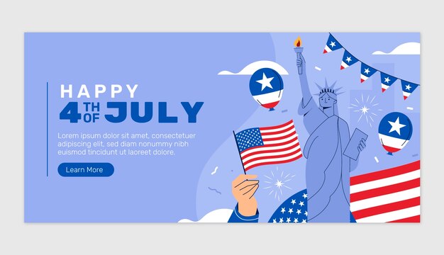 Modello di banner orizzontale piatto per la celebrazione del 4 luglio americano