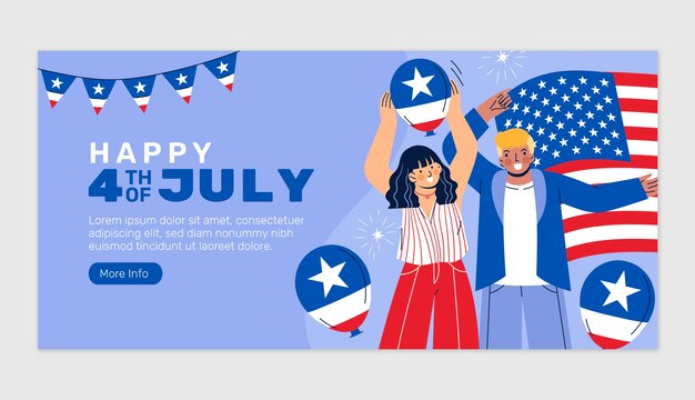 Modello di banner orizzontale piatto per la celebrazione del 4 luglio americano