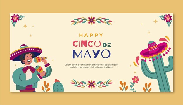Modello di banner orizzontale piatto per la celebrazione del cinco de mayo