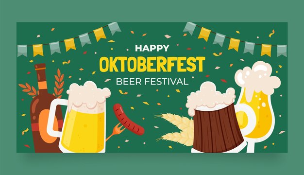 Modello di banner orizzontale piatto per la celebrazione del festival della birra Oktoberfest