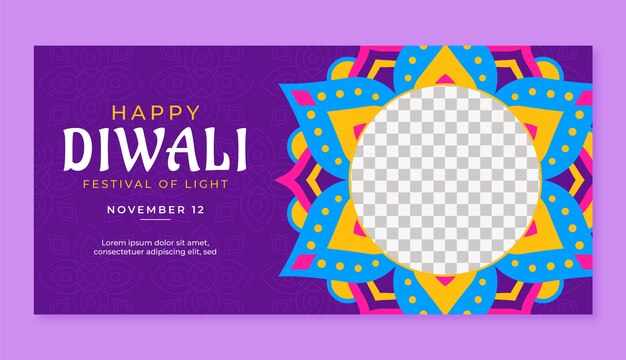 Modello di banner orizzontale piatto per la celebrazione del festival indù di diwali