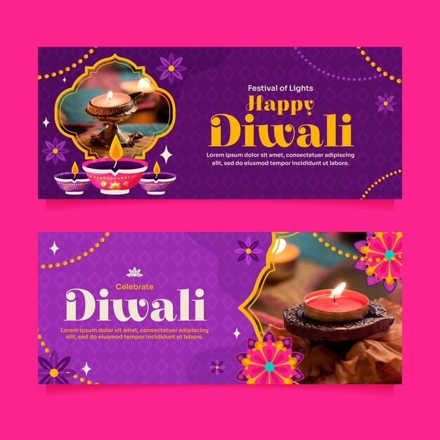 Modello di banner orizzontale piatto per la celebrazione del festival indù diwali