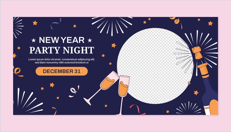 Vettore gratuito modello di banner orizzontale piatto per la celebrazione del nuovo anno 2024 con fuochi d'artificio e bevande