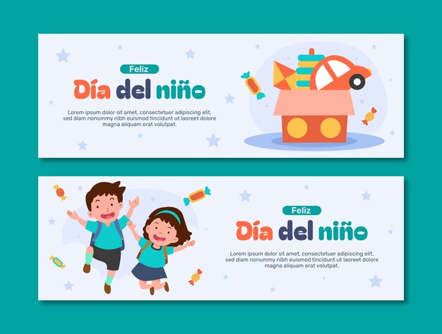 Modello di banner orizzontale piatto per la celebrazione della festa dei bambini in spagnolo