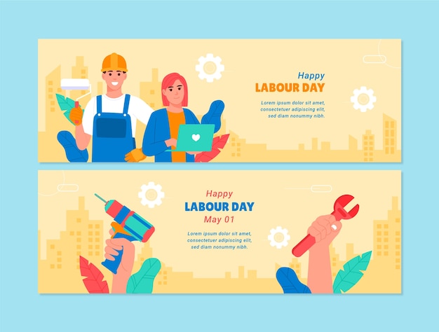 Modello di banner orizzontale piatto per la celebrazione della festa del lavoro