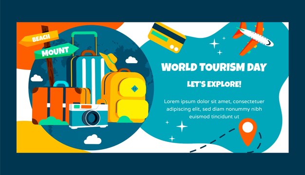 Modello di banner orizzontale piatto per la celebrazione della giornata mondiale del turismo