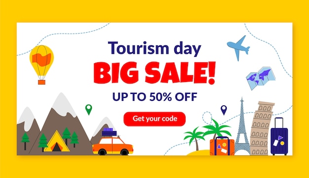 Modello di banner orizzontale piatto per la celebrazione della giornata mondiale del turismo