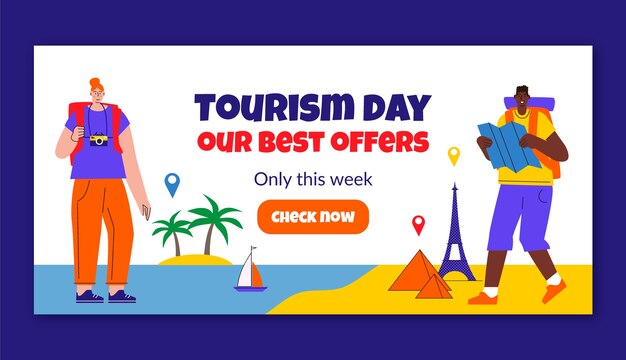 Modello di banner orizzontale piatto per la celebrazione della giornata mondiale del turismo