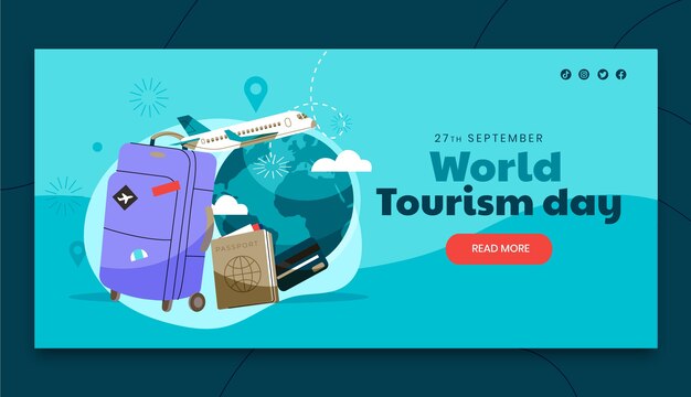 Modello di banner orizzontale piatto per la celebrazione della giornata mondiale del turismo
