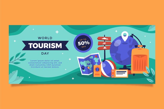 Modello di banner orizzontale piatto per la celebrazione della giornata mondiale del turismo