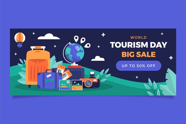 Modello di banner orizzontale piatto per la celebrazione della giornata mondiale del turismo