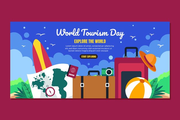 Modello di banner orizzontale piatto per la celebrazione della giornata mondiale del turismo