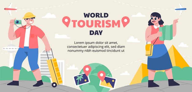 Modello di banner orizzontale piatto per la celebrazione della giornata mondiale del turismo