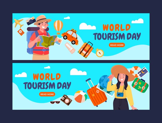 Modello di banner orizzontale piatto per la celebrazione della Giornata mondiale del turismo