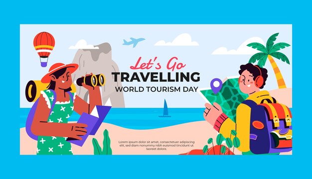 Modello di banner orizzontale piatto per la celebrazione della Giornata mondiale del turismo