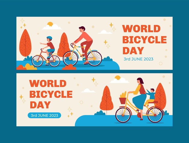 Modello di banner orizzontale piatto per la celebrazione della giornata mondiale della bicicletta