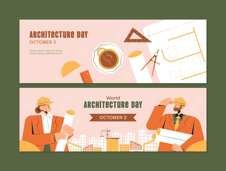 Vettore gratuito modello di banner orizzontale piatto per la giornata mondiale dell'architettura