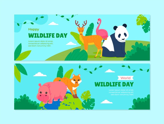 Modello di banner orizzontale piatto per la giornata mondiale della fauna selvatica con flora e fauna
