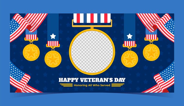 Modello di banner orizzontale piatto per le vacanze del giorno dei veterani degli Stati Uniti
