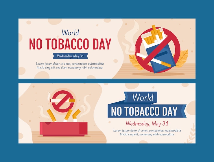 Vettore gratuito modello di banner orizzontale piatto per nessuna consapevolezza del giorno del tabacco