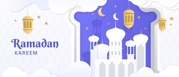 Modello di banner orizzontale ramadan in stile carta