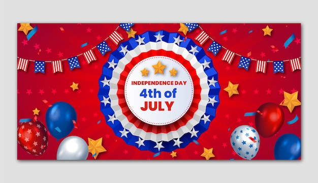 Modello di banner orizzontale realistico del 4 luglio con palloncini e stelle