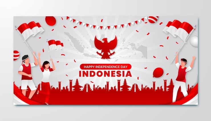 Vettore gratuito modello di banner orizzontale sfumato per la celebrazione del giorno dell'indipendenza dell'indonesia