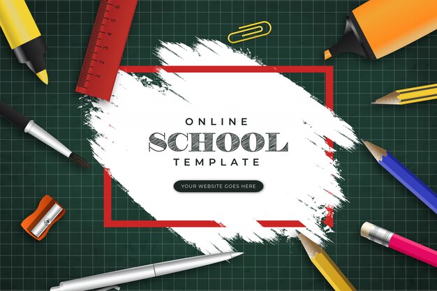 Modello di banner scuola online con tratto di pennello e cancelleria